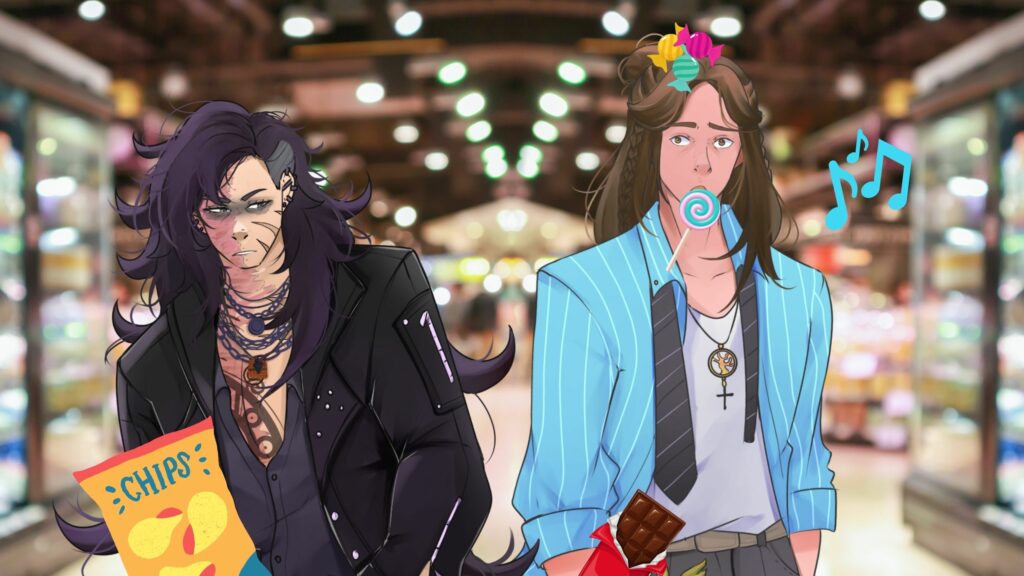 An illustration of two characters shopping in a grocery store. The character on the left has long dark hair with a few streaks of grey, multiple scars across his face, and a serious expression. He is dressed in a dark leather jacket with layered necklaces and is holding a bag of chips. The character on the right has long light brown hair, a lollipop in his mouth, and is dressed in a blue striped blazer over a white shirt and tie. He is holding a chocolate bar, and there are musical notes and colorful candies floating around his head, giving a playful vibe. The background depicts a brightly lit aisle with various products on display. For How to Write a Grocery Scene.