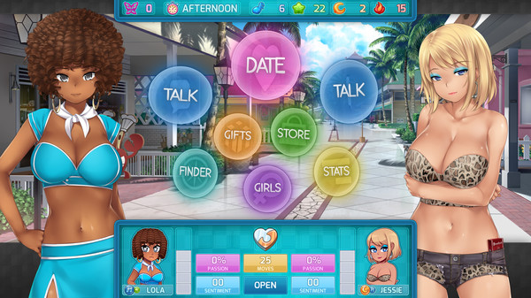 Screenshot from HuniePop 2: Double Date, showing two characters, Lola and Jessie, in a tropical outdoor shopping area during the afternoon. Lola is on the left with dark skin, an afro hairstyle, and is dressed in a turquoise bikini with white accents. Jessie is on the right with light skin, short blonde hair, and is dressed in a leopard-print bikini. The game interface offers options in circular buttons including 'DATE,' 'TALK,' 'GIFTS,' 'STORE,' 'FINDER,' 'GIRLS,' and 'STATS' in the middle of the screen. The bottom part of the screen displays the players' stats for Lola and Jessie, including passion and sentiment levels, along with an option to 'OPEN' the date.