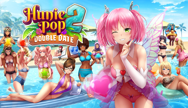 Promotional image for the game HuniePop 2: Double Date, featuring an anime-style illustration of various female characters in swimwear at a tropical beach setting. The central character has pink hair, fairy wings, and is winking while holding a glowing heart. The background includes other characters relaxing in the water, sunbathing, and enjoying tropical drinks. The game's title, 'HuniePop 2: Double Date,' is prominently displayed in the top left corner with colorful and playful typography.