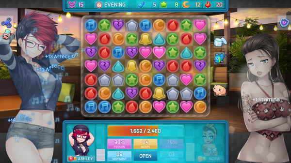 Screenshot from the game HuniePop 2: Double Date, featuring a puzzle gameplay screen where the player matches colorful icons to earn points. The icons include hearts, bells, stars, and music notes, arranged in a grid. On the left, a character with red hair and glasses, wearing casual clothing, shows a +13 affection gain. On the right, a second character with dark hair in a ponytail, wearing a bikini top, displays a +1 stamina gain. The bottom section of the screen shows character profiles, including 'Ashley' and 'Nora,' with stats such as passion, sentiment, and moves remaining. The top part of the screen indicates it is evening, with various gameplay icons representing resources like moves, stamina, and affection.