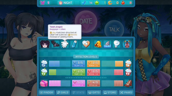 Screenshot from the game HuniePop 2: Double Date, showing a gameplay interface with two anime-style female characters on the left and right sides. The central part of the screen displays various game stats, including affection levels, character traits, and selectable items such as gifts and accessories. The top part of the interface indicates that it is nighttime, and various icons represent different gameplay elements like stamina and moves. A pop-up window labeled 'Teen Angst' describes a character's trait, indicating that certain matches will subtract moves instead of adding them.