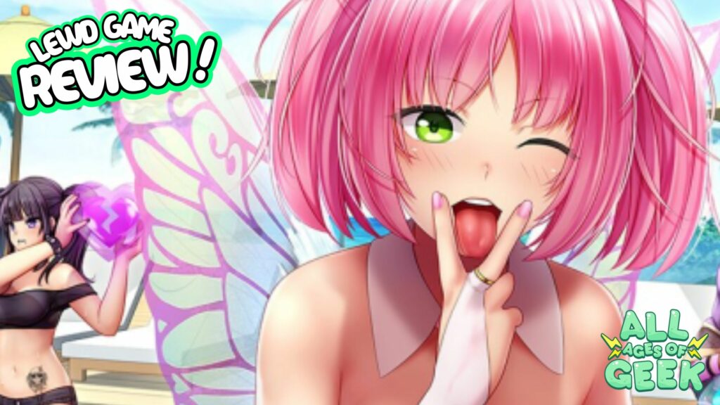 A promotional image for a 'Lewd Game Review' by All Ages of Geek, featuring a close-up of a character from HuniePop 2: Double Date. The character is a pink-haired girl with green eyes, fairy wings, and a playful expression, winking and sticking out her tongue while holding up a peace sign. The background includes another character holding a purple heart, with the beach scene from the game visible in the distance. The text 'LEWD GAME REVIEW!' is displayed in large, playful font at the top left, with the All Ages of Geek logo in the bottom right corner.