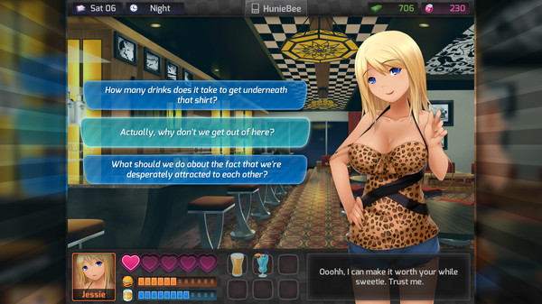 A gameplay screenshot from "HuniePop" featuring a dialogue interaction with a character named Jessie. The setting is a night scene inside a bar with a stylish, checkerboard ceiling and dim lighting. Jessie, a blonde woman wearing a leopard-print top, stands confidently with her hand on her hip. Three dialogue options are presented to the player, each suggesting a flirtatious or provocative remark. Below the dialogue options, Jessie's affection and stats are displayed, along with the player's progress and inventory items. The overall scene highlights the dating sim aspect of the game, where the player's choices influence the outcome of the interaction.