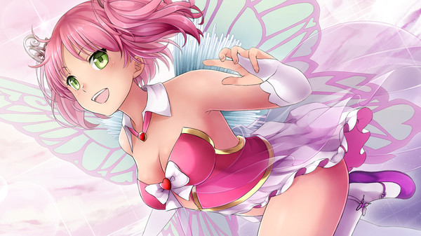 An image from "HuniePop" featuring a character with pink hair, green eyes, and a vibrant fairy-like appearance. The character, Kyu, is dressed in a pink and white outfit that resembles a magical girl's costume, complete with a short skirt, a bow, and thigh-high stockings. She has delicate wings on her back, adding to her whimsical and energetic look. The background is soft and pastel, with light purples and whites, enhancing the dreamy and fantastical feel of the scene. Kyu appears to be in motion, with her hair and skirt flowing as she smiles brightly, embodying the playful and magical theme of the game.