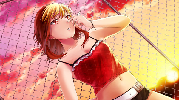 A sunset scene from "HuniePop" featuring a character lying against a chain-link fence. The sky is painted with vibrant shades of pink, orange, and yellow, creating a warm, dreamy atmosphere. The character, a girl with auburn hair and red eyes, is dressed in a red checkered crop top with black and white ruffled trim, paired with black shorts. She gazes thoughtfully into the distance, her hand lightly touching her lips. The lighting and colors emphasize the serene and introspective mood of the moment.