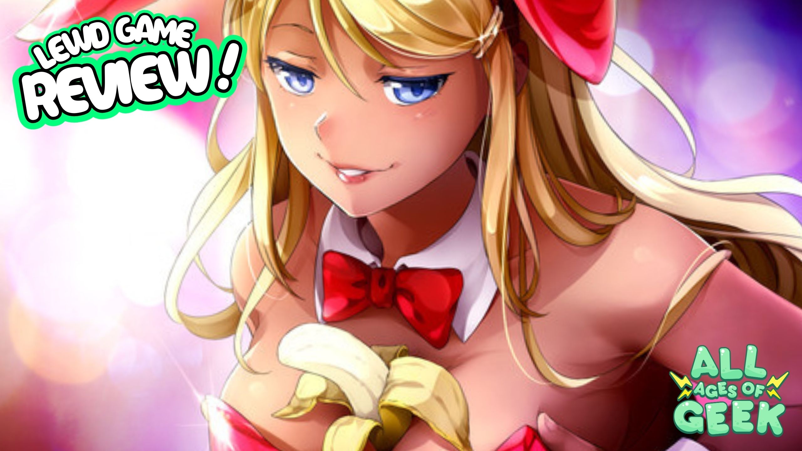 This is a promotional image for a "Lewd Game Review" by All Ages of Geek, featuring a character from the game "HuniePop." The character is depicted in a suggestive pose, wearing a red bowtie and holding a partially peeled banana. The image uses bright and vivid colors, with the character's blonde hair and blue eyes standing out against the soft pink and purple background. The All Ages of Geek logo is visible in the bottom right corner, and the text "Lewd Game Review!" is prominently displayed in the top left, creating a playful and eye-catching design.