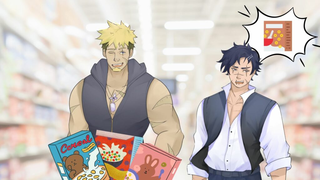 An illustration of two characters shopping in a grocery store. The character on the left has spiky blond hair, a goatee, and a large, muscular build. He is wearing a sleeveless hoodie, with a pendant around his neck, and has a big smile on his face. He is holding three boxes of cereal, each with colorful designs. The character on the right has short, messy black hair, a more slender build, and is dressed in a white shirt with rolled-up sleeves and a dark vest. He has a tired expression, with bandages on his face, and is thinking about a cereal box, as indicated by a thought bubble above his head. For How to Write a Grocery Scene.