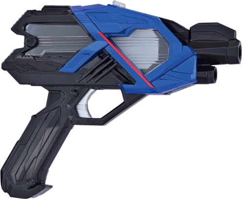 An image of the A.I.M.S. Shotriser, a futuristic, compact weapon from the Kamen Rider series. The device has a sleek design with a black and blue color scheme, featuring a pistol-like grip and a barrel with two openings. The upper section is detailed with angular lines and a red stripe running diagonally across the blue portion, giving it a modern, high-tech appearance. This weapon is associated with the Kamen Rider Zero-One series, used for transformations and combat.