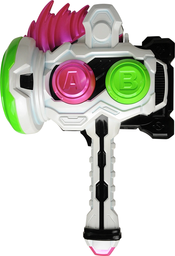 An image of the Gashacon Breaker, a colorful and uniquely designed hammer-like weapon from the Kamen Rider Ex-Aid series. The weapon features a white and black handle, with a large, vibrant head displaying two prominent buttons labeled "A" in pink and "B" in green. The top of the hammer is adorned with pink, fin-like protrusions, adding to its playful and game-like aesthetic. The Gashacon Breaker is used by Kamen Rider Ex-Aid for both melee attacks and special moves, embodying the series' video game-inspired theme.