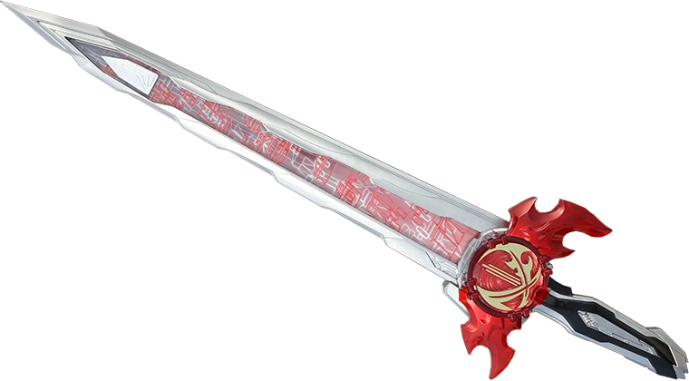 An image of the Kaenken Rekka, a striking sword from the Kamen Rider Saber series. The sword features a sleek, silver blade with intricate red markings running along its length, giving it a mystical and powerful appearance. The hilt is adorned with a red, flame-like guard, and the center of the guard displays a circular emblem with a golden, fiery motif. The handle is black with silver accents, completing the weapon's regal and formidable design. The Kaenken Rekka is used by Kamen Rider Saber, symbolizing his power and connection to the element of fire.