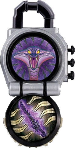 An image of the Maja Lockseed from the Kamen Rider Gaim series. The Lockseed has a silver, lock-shaped design with intricate details. The top half features a menacing purple cobra head, its eyes glowing yellow, while the lower half displays a snake-like weapon surrounded by a swirling pattern. The overall design is themed around a snake, with the Lockseed playing a crucial role in unlocking specific powers or transformations within the series. The dark, mystical imagery reflects the formidable nature of the associated Rider's abilities.