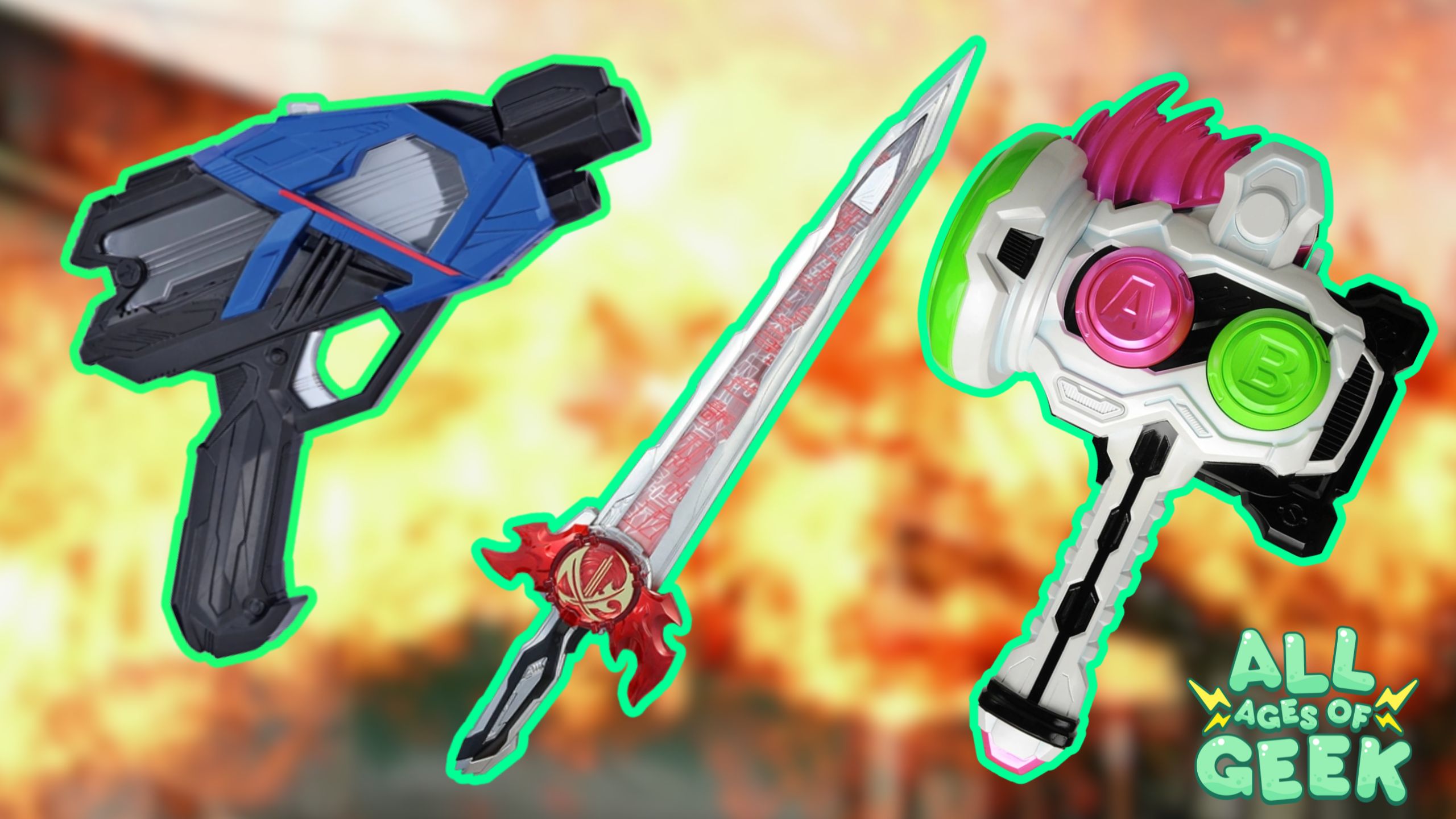 An image featuring three Kamen Rider gadgets, each highlighted with a green outline against a blurred fiery background. From left to right: the A.I.M.S. Shotriser, a blue and black gun-like device; the Kaenken Rekka, a silver sword with red accents and flame motifs; and the Gashacon Breaker, a white hammer with pink and green buttons labeled "A" and "B." The "All Ages of Geek" logo is visible in the bottom right corner, indicating the image's association with the brand.