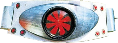 An image of the Kamen Rider Typhoon belt, a metallic belt with a large circular red emblem at the center, surrounded by a silver, oval-shaped casing. The emblem features a stylized red windmill-like design, and the belt includes small red details on either side. This iconic belt is associated with the original Kamen Rider series, symbolizing the character's transformation device.