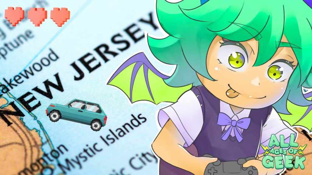 An illustration featuring a map of New Jersey with a close-up focus on the state name and surrounding areas. Overlaid on the map are pixelated icons, including a teal car and three red hearts at the top left, reminiscent of video game graphics. On the right side of the image is a character with bright green hair, yellow eyes, and small bat-like wings, holding a video game controller and sticking out their tongue playfully. The character is dressed in a purple vest with a bow tie. In the bottom right corner, the 'All Ages of Geek' logo is visible in green text.