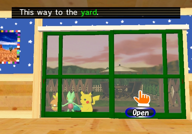 A screenshot from Pokémon Channel showing Pikachu, Torchic, and Treecko standing outside a sliding glass door, looking into a room. The door is part of a house with wooden floors and blue wallpaper decorated with stars. The text at the top of the screen reads 'This way to the yard.' A hand cursor is hovering over a button labeled 'Open,' indicating that the door can be opened to allow access to the yard, where the Pokémon are standing. The yard is visible through the glass, with a wooden fence, table, and umbrella in the background, set against a sunset sky.