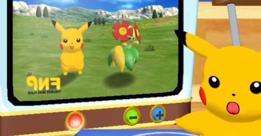 A screenshot from Pokémon Channel showing Pikachu watching television. On the TV screen, Pikachu is seen running alongside a Bellossom in a grassy field with mountains in the background. The word 'END' is visible in the bottom left corner of the screen, indicating the conclusion of the program. The TV has a retro design with buttons for volume control at the bottom. Pikachu, sitting in front of the TV, appears surprised or engaged, with its mouth open in a cute expression.