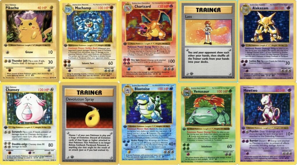 Image showing a collection of rare Pokémon trading cards from the 1990s. The cards displayed include iconic Pokémon such as Pikachu, Machamp, Charizard, Alakazam, Chansey, Blastoise, Venusaur, and Mewtwo, as well as two Trainer cards: Lass and Devolution Spray. Each card shows the Pokémon’s artwork, hit points (HP), and moves, along with other game-related details. The cards are arranged in a grid format, highlighting the nostalgic and collectible nature of these vintage Pokémon cards.