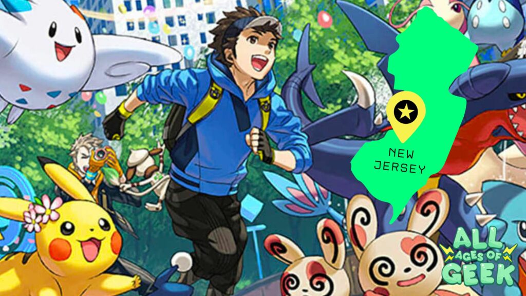 An energetic promotional image for Pokémon GO featuring a male trainer in a blue hoodie running alongside various Pokémon, including Pikachu, Togekiss, Spinda, Garchomp, and others. The background is filled with trees and urban buildings, giving a lively city park atmosphere. On the right side of the image, a bright green silhouette of the state of New Jersey is overlaid with a location marker and the text 'New Jersey' inside. The 'All Ages of Geek' logo is located in the bottom right corner, connecting the image to the brand.