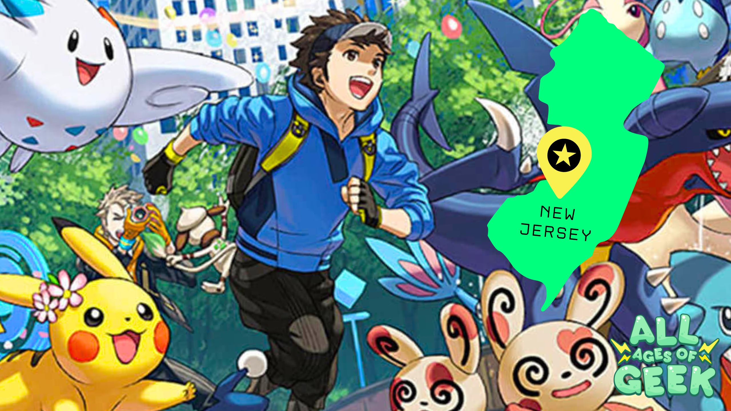 An energetic promotional image for Pokémon GO featuring a male trainer in a blue hoodie running alongside various Pokémon, including Pikachu, Togekiss, Spinda, Garchomp, and others. The background is filled with trees and urban buildings, giving a lively city park atmosphere. On the right side of the image, a bright green silhouette of the state of New Jersey is overlaid with a location marker and the text 'New Jersey' inside. The 'All Ages of Geek' logo is located in the bottom right corner, connecting the image to the brand.