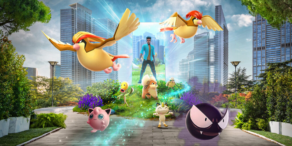 Promotional image for Pokémon GO featuring a variety of Pokémon, including Pidgeot, Jigglypuff, Meowth, Bellsprout, Growlithe, Gastly, and Pidgey, in a vibrant urban park. In the background, a human trainer is stepping through a glowing portal that connects the real world with the Pokémon world. The scene is set against a backdrop of modern skyscrapers and lush greenery, blending the natural and urban environments. The Pokémon appear to be interacting playfully, with some flying and others standing on the ground, surrounded by magical energy. Image used for Pokemon Go New Jersey.