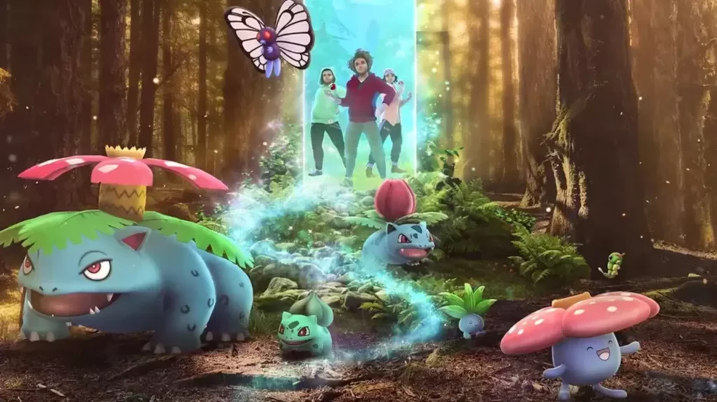 Promotional image for Pokémon GO featuring a group of grass-type Pokémon, including Venusaur, Ivysaur, Bulbasaur, Oddish, Vileplume, and Celebi, in a lush forest setting. In the background, three human trainers are stepping through a glowing portal, entering the Pokémon world. A Butterfree flies near the portal, while a magical energy surrounds the Pokémon, adding a sense of adventure and fantasy. The forest is bathed in warm, dappled light, creating a mystical and immersive atmosphere. Image used for Pokemon Go New Jersey.