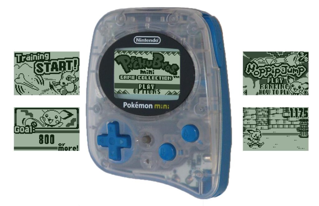 Image of a Pokémon Mini handheld gaming console by Nintendo, featuring a clear, translucent case with blue buttons and accents. The screen displays the title screen for 'Pichu Bros. Mini Game Collection' with options to play or adjust settings. Surrounding the console are screenshots from various mini-games, including titles like 'Training START!', 'Goal: 800 or more!', 'Hoppip Jump', and an image of a character running through an obstacle course. The console's compact design and monochrome display evoke a nostalgic feel, reminiscent of early handheld gaming devices.