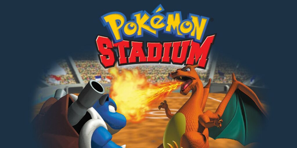 Promotional image for the Nintendo 64 game Pokémon Stadium, featuring a battle scene between two iconic Pokémon: Blastoise and Charizard. Blastoise, on the left, is preparing to attack, while Charizard, on the right, is unleashing a stream of fire from its mouth. The background shows a packed stadium filled with cheering fans, adding to the intensity of the battle. The game's title, 'Pokémon Stadium,' is prominently displayed at the top in bold, colorful letters.