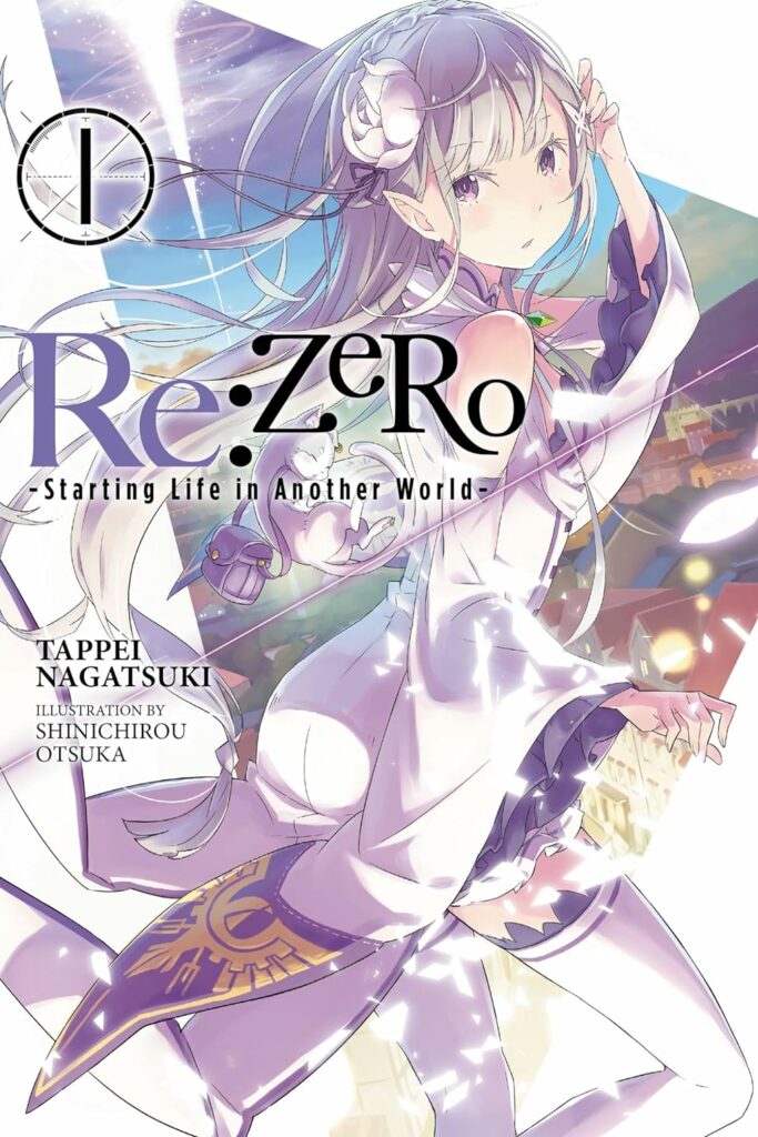 The image is the cover of the light novel "Re Zero - Starting Life in Another World" by Tappei Nagatsuki, illustrated by Shinichirou Otsuka. It features a detailed and colorful illustration of a female character with long silver hair and an elegant outfit, standing in a dynamic pose. The background depicts a vibrant fantasy world, with a mix of buildings and a bright, magical sky. The title is prominently displayed, along with the author and illustrator's names. The cover art captures the fantasy and adventure elements of the story.