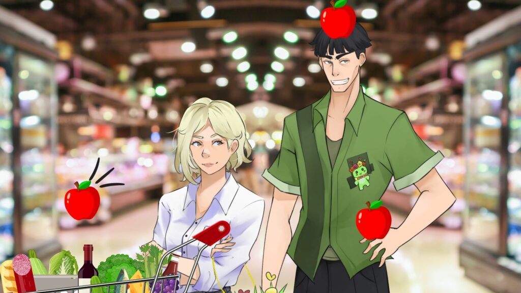 An illustration of two characters shopping in a grocery store. The character on the left is a blonde woman with a bob haircut, wearing a white blouse and smiling gently. She is pushing a shopping cart filled with various groceries, including vegetables, a bottle of wine, and a loaf of bread. The character on the right is a tall man with short black hair, wearing a green shirt with rolled-up sleeves. He has a mischievous grin on his face. Several red apples are scattered in the image, one floating above the man's head and another near his hand, as if he is tossing them. For How to Write a Grocery Scene.