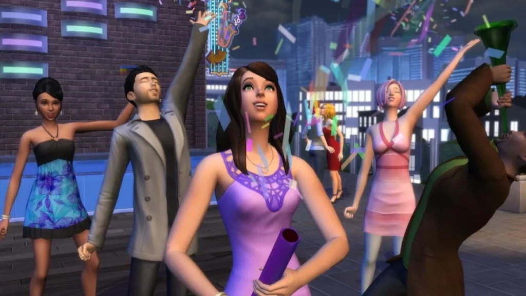 Screenshot from The Sims 4 showing a group of Sims celebrating at a party. The Sims are dressed in colorful and fashionable outfits, with one Sim in the foreground wearing a purple dress and holding a party popper. Confetti is falling from above, and the Sims are smiling and cheering, creating a lively and festive atmosphere. In the background, other Sims are dancing and enjoying the party on a rooftop with city buildings visible in the distance. Used for New Jersey Video Game Ideas Article.