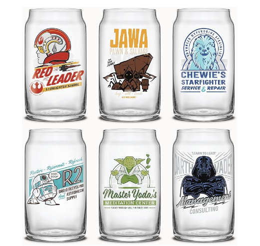 The image shows a set of six Star Wars-themed drinking glasses designed to look like soda cans. Each glass features a unique design inspired by different characters and elements from the Star Wars universe:

Top Left: A glass featuring the "Red Leader" design, with a helmeted pilot's profile and the tagline "Starfighter School."
Top Center: A glass with the "Jawa Pawn & Salvage" design, showing a Jawa character and the tagline "No Refunds."
Top Right: A glass displaying "Chewie's Starfighter Service & Repair," featuring a Wookiee head logo.
Bottom Left: A glass with an "R2-D2 Droid Recycling & Repair" design, highlighting R2-D2 and the tagline "Restore. Repurpose. Recycle."
Bottom Center: A glass featuring "Master Yoda's Meditation Center," with an image of Yoda and the phrase "I teach yoga. There is no do, only there is."
Bottom Right: A glass showcasing "Darth Vader Management Consulting," with an image of Darth Vader and the phrase "Learn to Lead."
Each glass in the set creatively combines humor and Star Wars iconography, making them a fun addition for fans of the franchise.