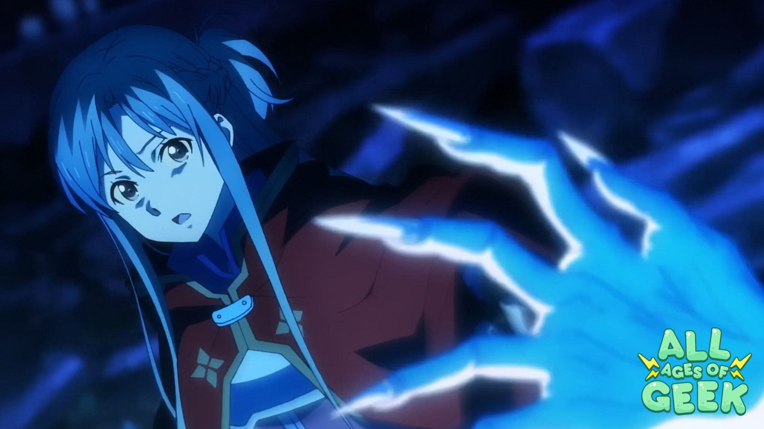 An intense scene from "Sword Art Online" featuring Asuna in a moment of surprise or concern. Her eyes are wide open, and her expression suggests she's reacting to something off-screen. A blue, claw-like hand, glowing with energy, reaches out towards her, adding a sense of tension and urgency. The lighting and colors emphasize the dramatic atmosphere of the moment. The image is branded with the All Ages of Geek logo, indicating content related to the show's themes and analysis.