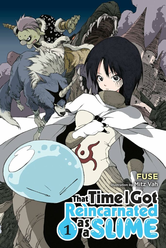 The image is the cover of the light novel "That Time I Got Reincarnated as a Slime" by Fuse, illustrated by Mitz Vah. It features the main character, Rimuru Tempest, in their slime form, prominently placed at the front. Behind Rimuru, there are various characters, including a powerful-looking humanoid with long dark hair and a white cloak, a fierce-looking wolf with a horn, and a goblin-like creature. The background depicts a fantasy landscape with a dark, ominous sky and towering structures. The title is displayed in bold, colorful fonts, capturing the adventurous and fantastical essence of the story.