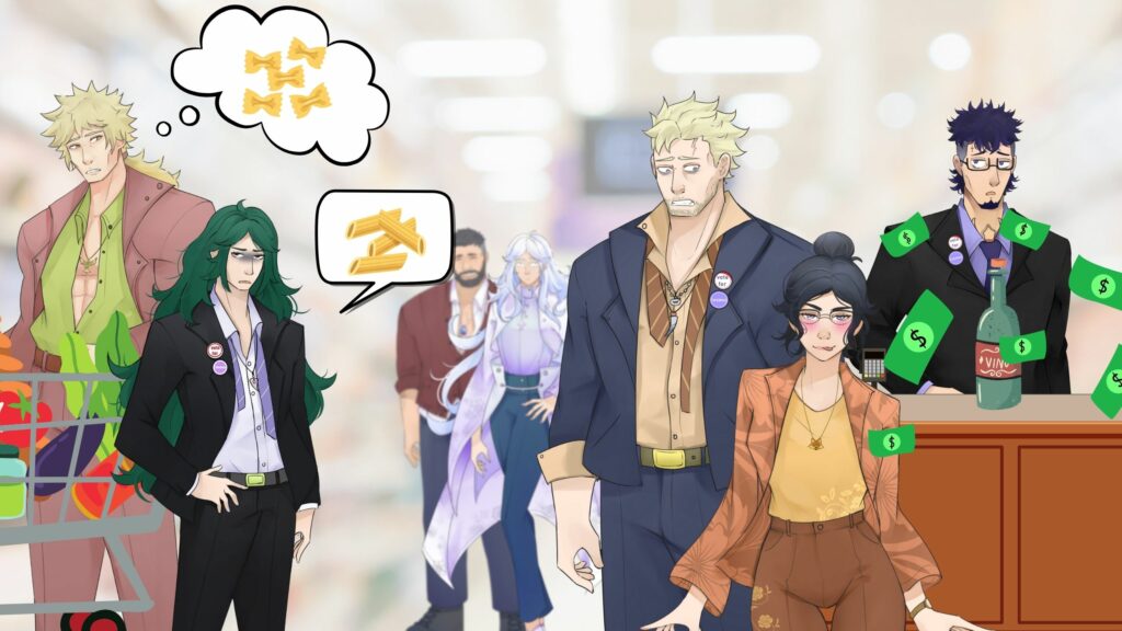 An illustration featuring several characters in a grocery store. The character on the left is a tall blonde man with a muscular build, wearing a green shirt and pushing a shopping cart filled with vegetables. He has a thoughtful expression, with a thought bubble showing bowtie pasta. Next to him is a green-haired man in a black suit, looking serious and slightly annoyed, with a speech bubble showing penne pasta. In the background, there are two other characters: a bearded man in a red jacket and a long-haired person in a white coat with a relaxed expression. In the foreground on the right, a woman with dark hair in a bun, wearing an orange blazer and pants, smiles slyly. Behind her, a cashier in a suit with wild dark hair looks perplexed, with dollar bills floating around and a bottle of wine on the counter. For How to Write a Grocery Scene.