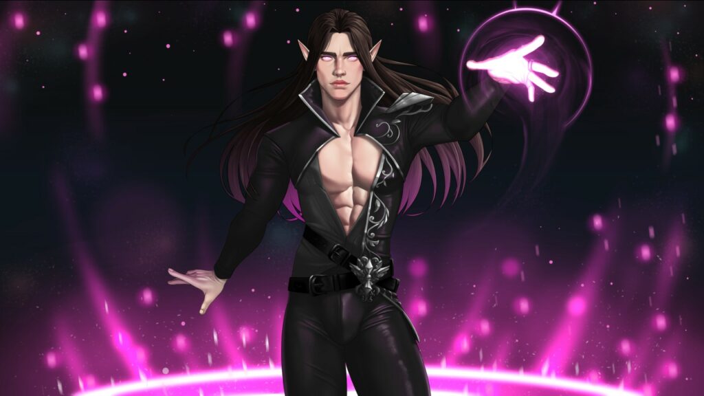 Xareth: A powerful and attractive elf prince with long, flowing dark hair, pointed ears, and glowing purple eyes. He is shown casting a spell, with one hand extended, surrounded by swirling purple magic. His outfit is a sleek, black, form-fitting ensemble that reveals his chiseled abs, emphasizing both his strength and his mystical abilities. The background is dark, lit by the glowing magical energy that Xareth commands, highlighting his intense focus and determination. Image from Orc Covenant.