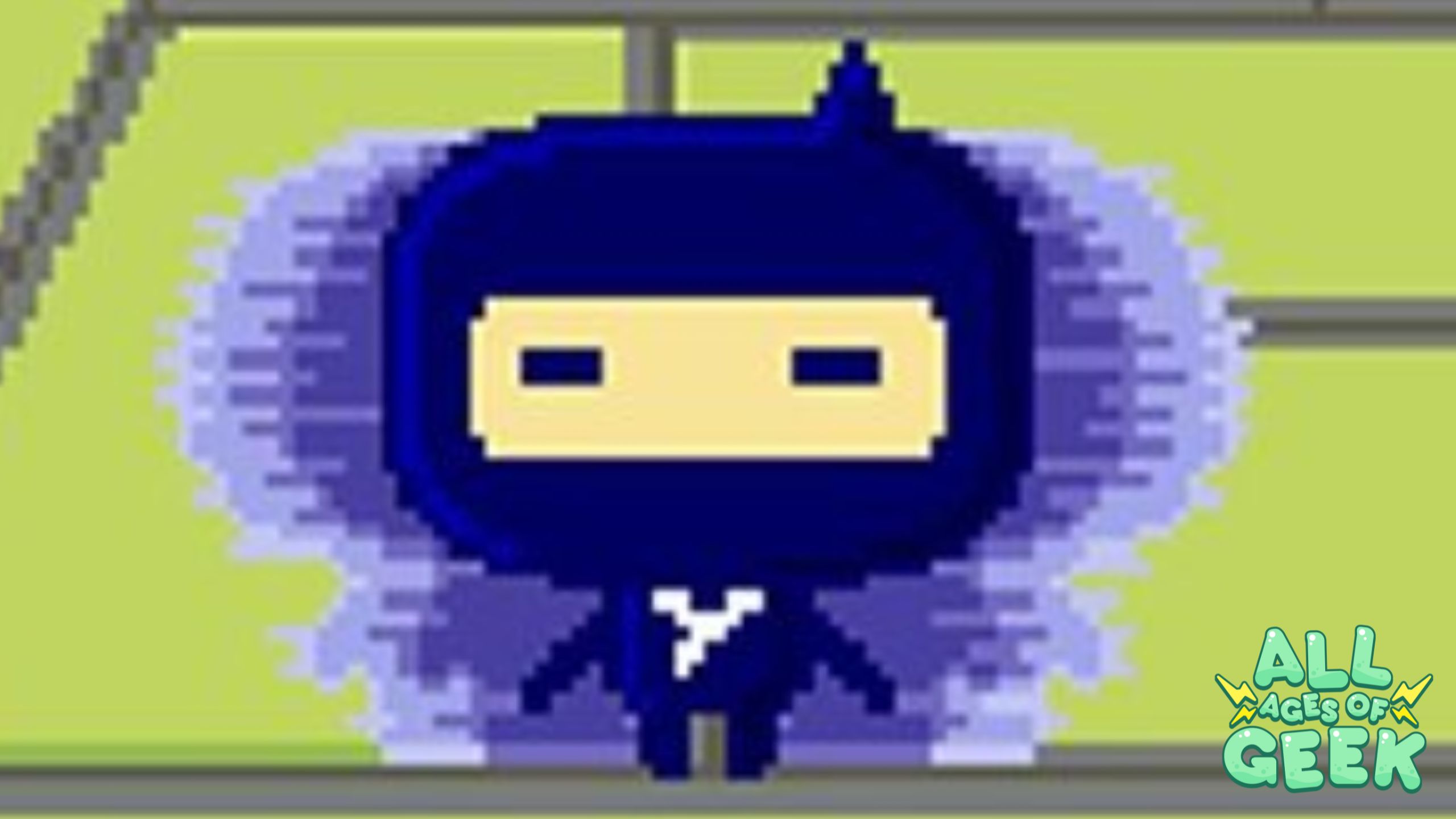 "A pixel art image of a Tamagotchi character wearing a blue ninja hood with a swirling white and purple effect around the head, representing either speed or stealth abilities. The character is displayed against a light green background, with the logo 'All Ages of Geek' in vibrant colors at the bottom right corner