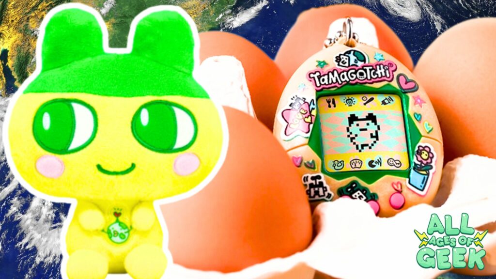 A colorful image featuring a bright green and yellow Mametchi plush holding a small Earth, representing an eco-friendly initiative. Beside the plush, there's a Tamagotchi device with a shell that appears to be made of recycled eggshells, emphasizing the eco-friendly theme. In the background, there's a view of Earth from space, and the All Ages of Geek logo is displayed in the bottom right corner.