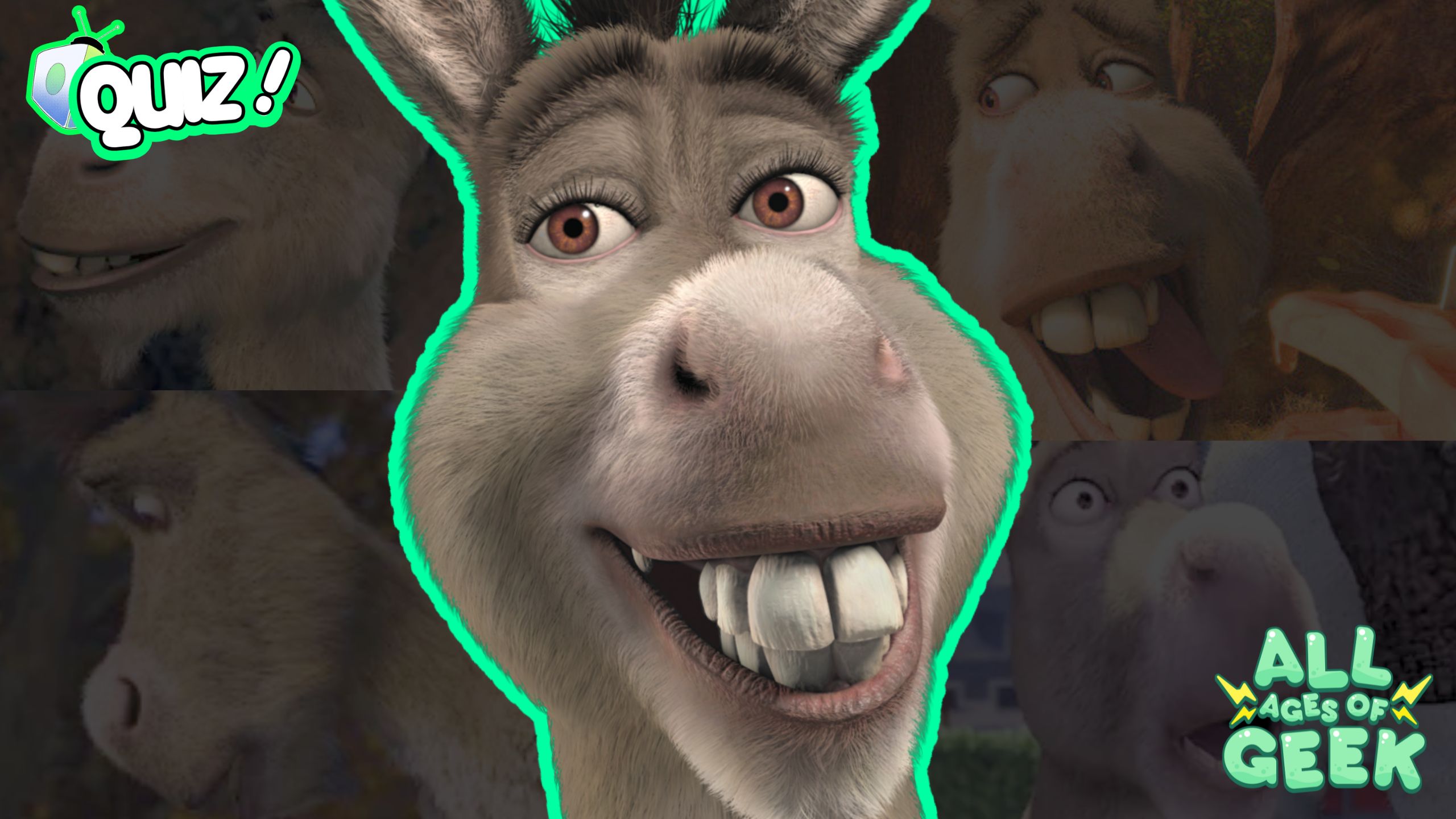 The image shows Donkey from Shrek with a large close-up of his smiling face in the center, outlined in neon green, showcasing his big eyes and prominent teeth, while the background features smaller images of Donkey making various expressions, such as surprised or talking, and in the bottom right corner is the "All Ages of Geek" logo in minty green with blocky font and lightning bolt accents, giving the image a fun and energetic vibe.