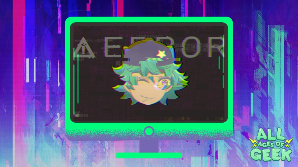 A stylized computer screen with a neon green border displays an "ERROR" message behind a glitchy, pixelated avatar of a character with green hair, a hat, and a wink, giving the image a cyberpunk aesthetic. The background is filled with vibrant purples, blues, and neon pinks, further emphasizing the digital, futuristic vibe. The "All Ages of Geek" logo is placed in the lower right corner, branding the image as part of their content, adding to the overall tech-glitch theme.