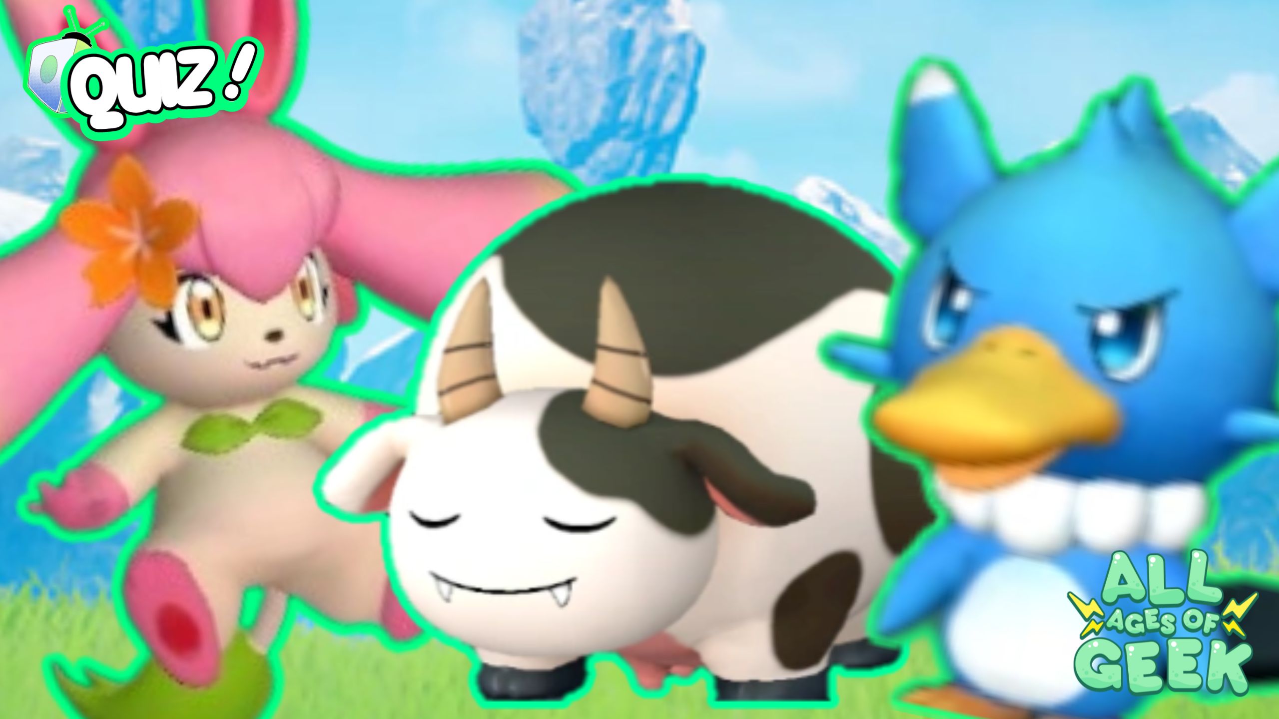 The image showcases three vibrant "Pals" from the game "Palworld," each outlined in bright green against a cheerful backdrop. On the left is a pink, rabbit-like creature with large ears and a flower on its head, exuding a friendly and approachable vibe. The center features a relaxed, cow-like Pal with black-and-white fur, small horns, and a peaceful expression. On the right, a blue, duck-like Pal with a determined look and bared teeth adds a playful, energetic touch. Topped with a "Quiz!" label and the "All Ages of Geek" logo, this image invites fans to discover which Palworld character they resemble.