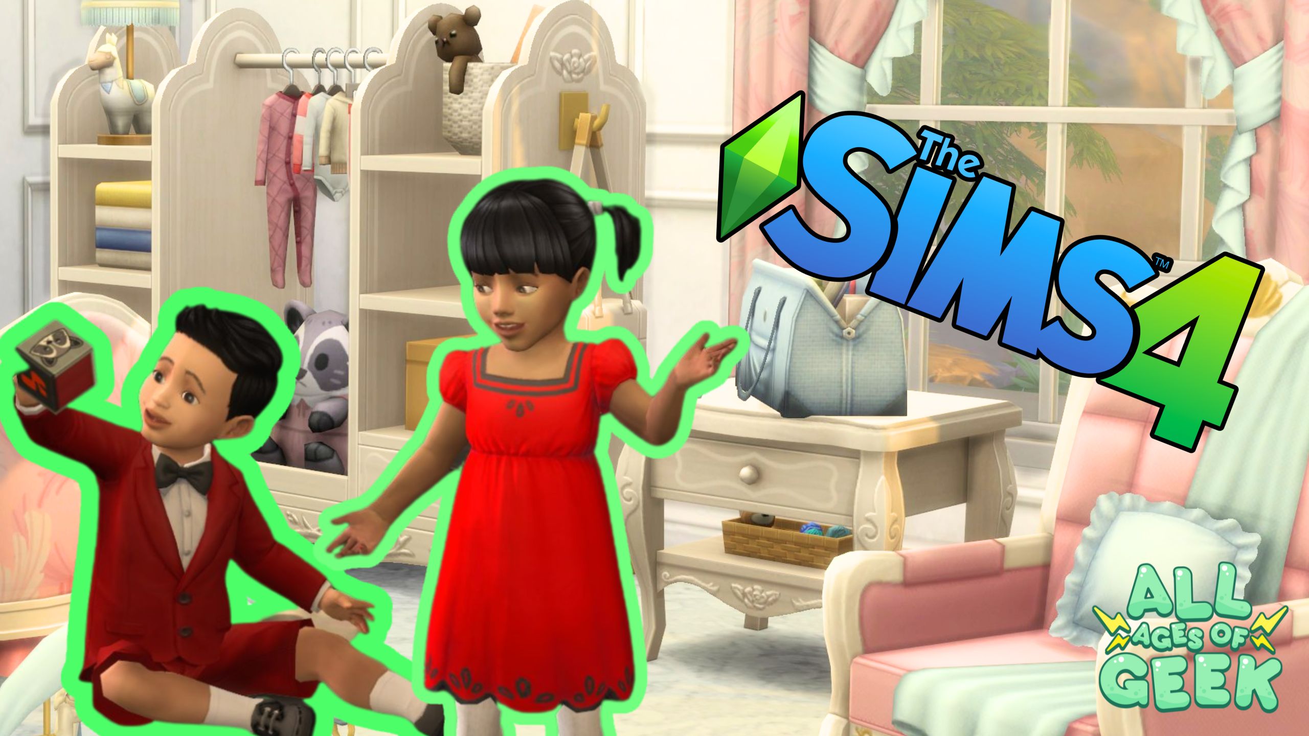 Image showing two child characters from The Sims 4 in a well-decorated nursery. The boy is seated in a red outfit playing with a toy block, and the girl is standing in a red dress, both smiling. The background features stylish nursery furniture, including a crib, dressers, and playful decorations. The Sims 4 logo is prominent at the top, and the All Ages of Geek logo is featured in the corner