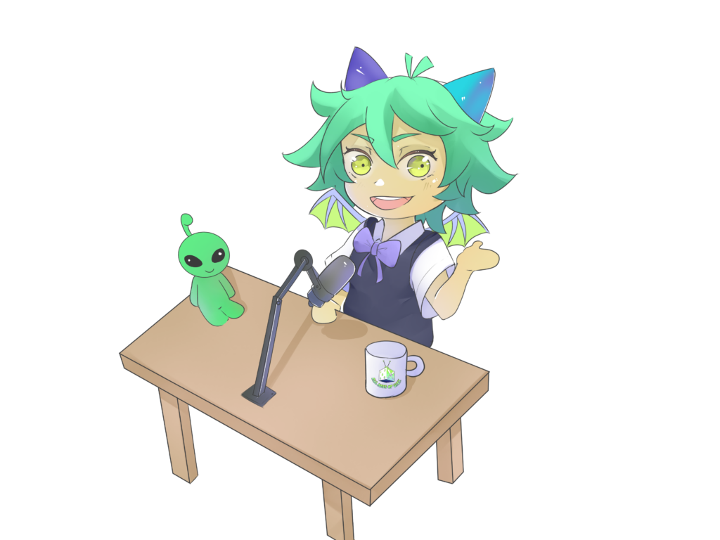 Kasai Podcast image with her sitting at a desk with a microphone, mug and alien toy