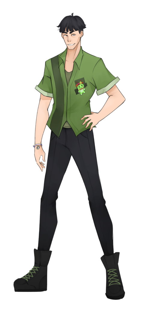 Alliard from I Married a Monster on a Hill standing tall with hands on his hips wearing a flower chan shirt