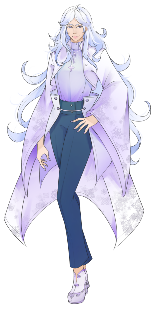 August from I Married a Monster on a Hill model, has long white hair with blue and purple tones, has hand on hips