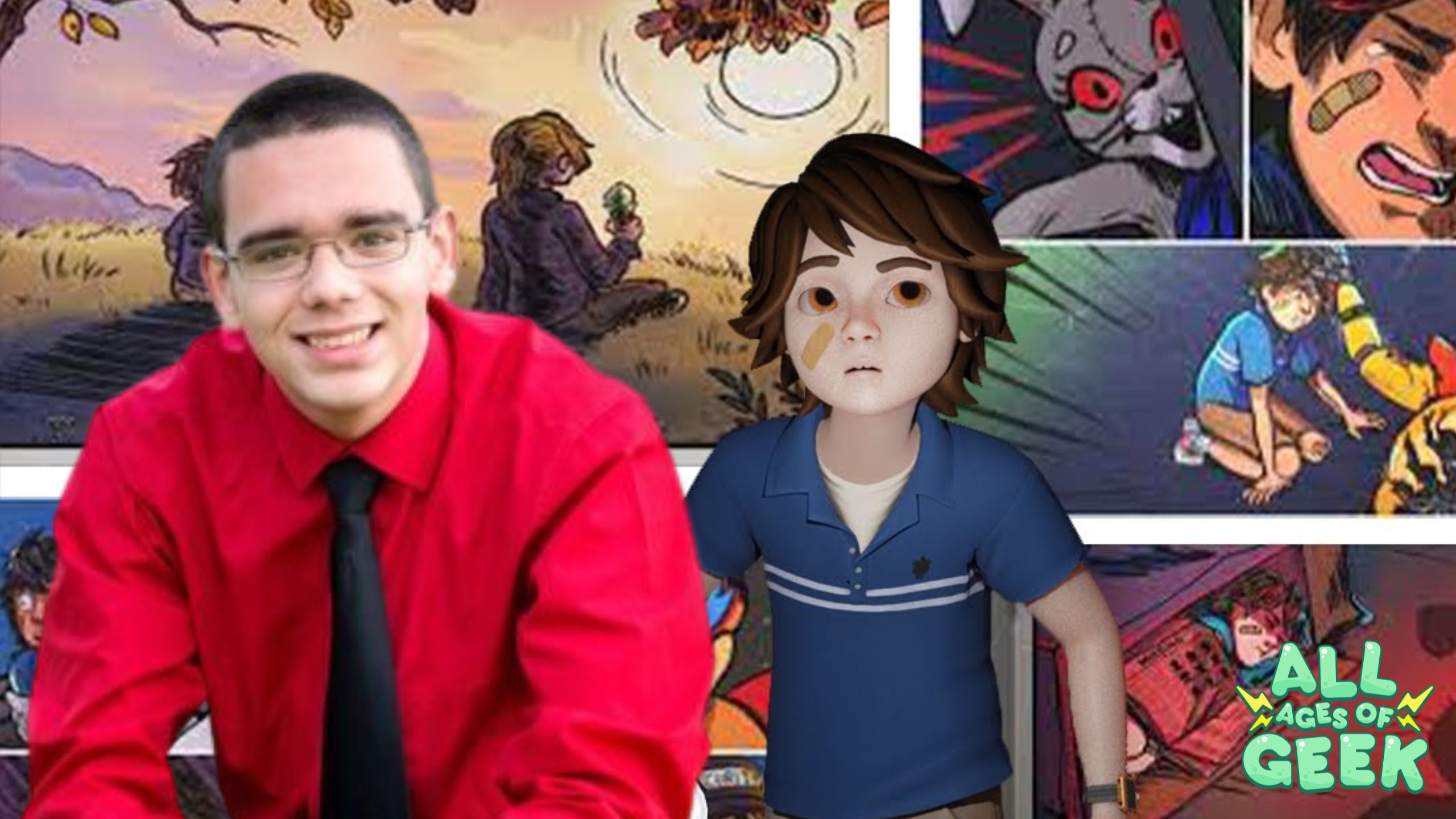 A composite image featuring a smiling man in a red shirt and black tie on the left, in front of an artistic, autumnal landscape background. To the right, a stylized digital avatar with brown hair and a blue shirt, featuring two bandages on the face, is superimposed. In the top right corner, there are smaller images of animated characters in dynamic poses. The "All Ages of Geek" logo with vibrant green and yellow colors is present in the bottom right corner, overlapping slightly with the avatar.