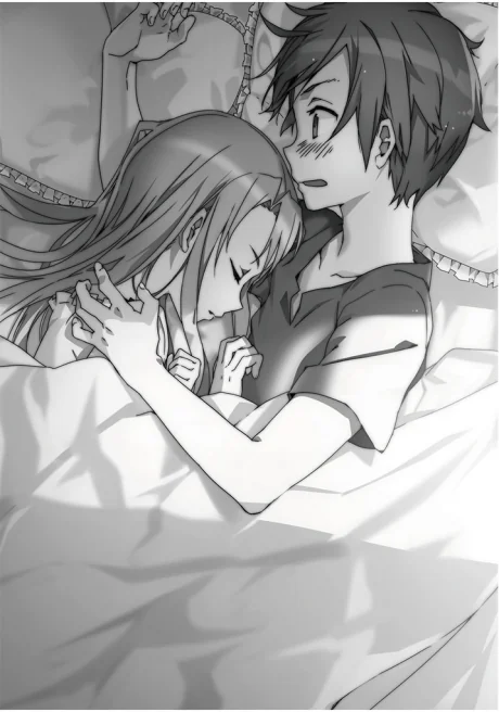 Light Novel version of Kirito and Asuna hugging in bed in Sword Art Online. Explore Monogamy in Anime.