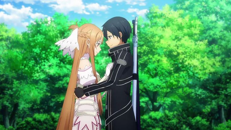 Kirito and Asuna embracing in Sword Art Online. Explore Monogamy in Anime.