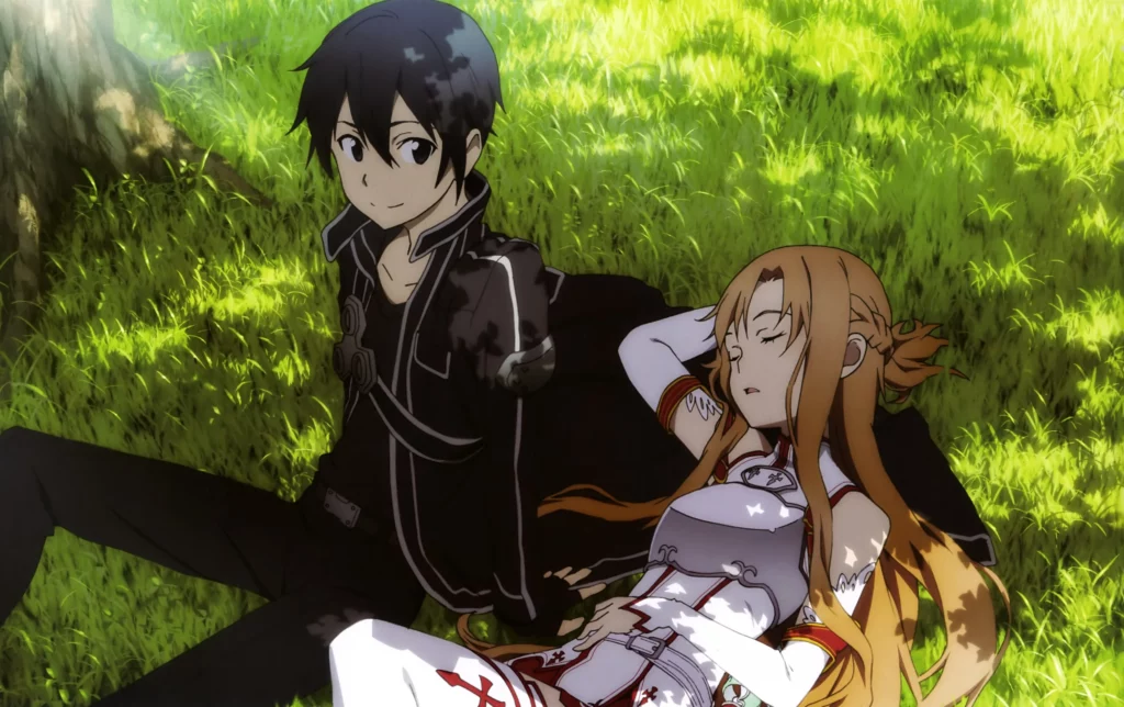 Kirito and Asuna laying in the grass from Sword Art Online. Explore Monogamy in Anime.
