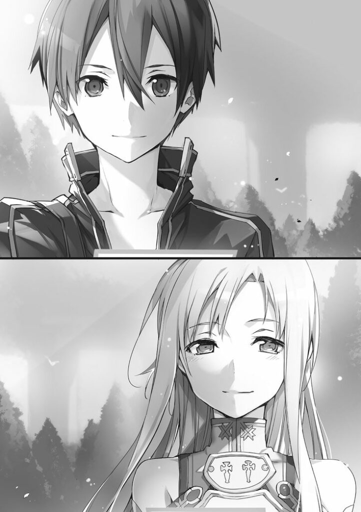 Light Novel version of Kirito and Asuna looking at each other in Sword Art Online.