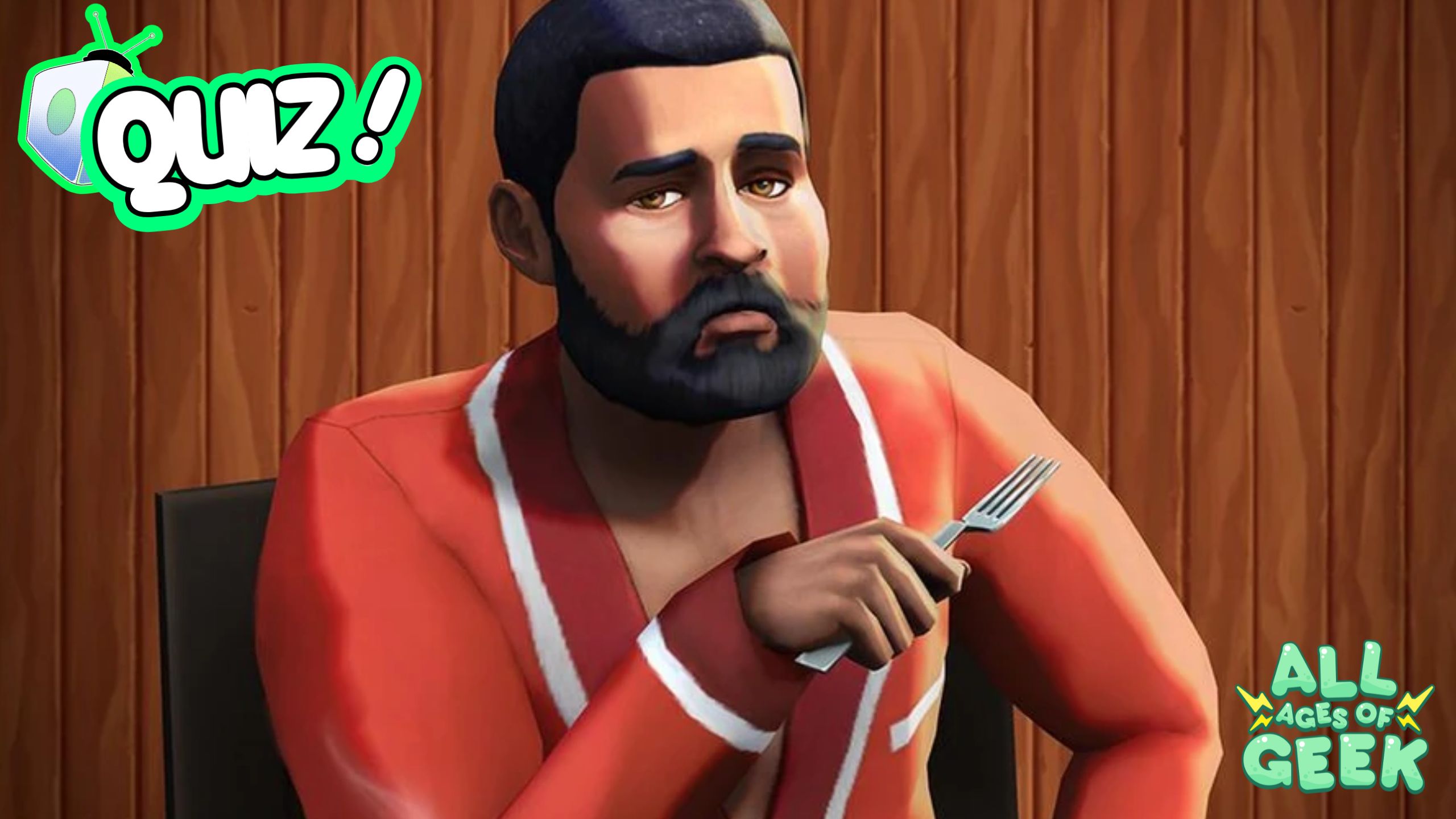 A character from a video game Sim 4 is seated at a table, holding a fork in their right hand. They have a full beard, neatly trimmed hair, and they're wearing a red jacket with white lining. The character appears to be in a dining setting, with a wooden panel backdrop. A graphic overlay reads "QUIZ!" in green letters, and there's also the logo of "All Ages of Geek" in the bottom right corner, suggesting this image may be related to some sort of interactive quiz